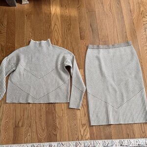 Tahari Cream and Grayish Brown Striped Skirt Set